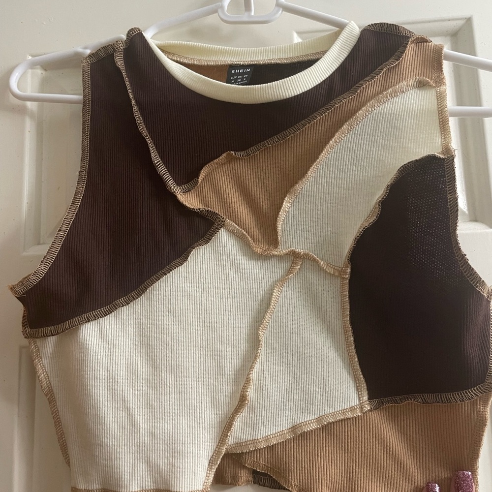 Patchwork Crop Tank Top - Brown, Tan, Cream
